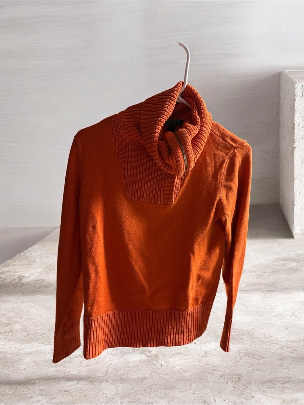 Lauren Ralph Lauren Orange chunky ribbed knit asymmetric zip cowl neck sweater M